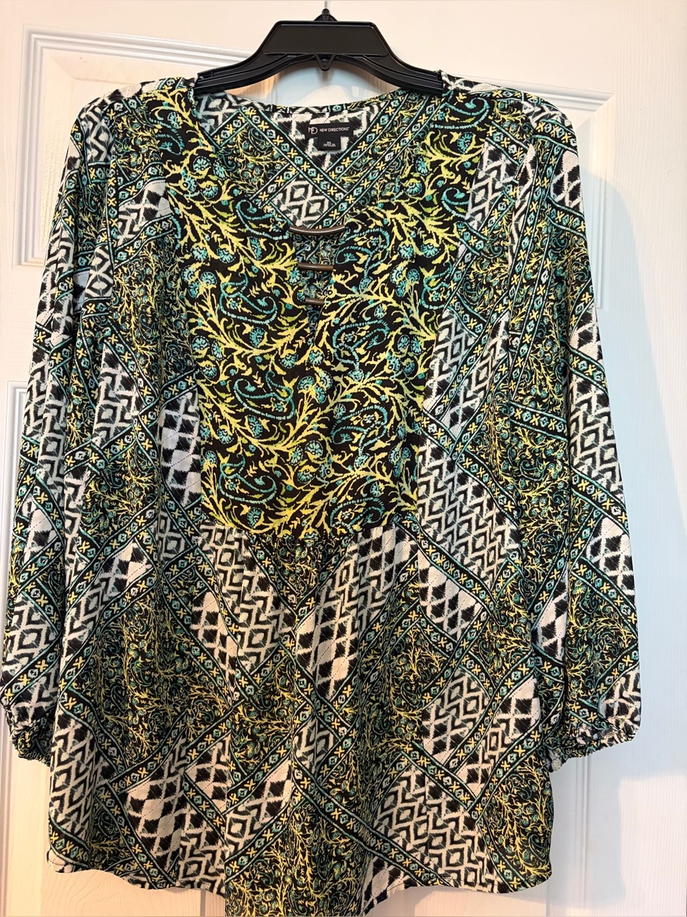 New Directions Black, Yellow & Teal Printed V-Neck Tunic